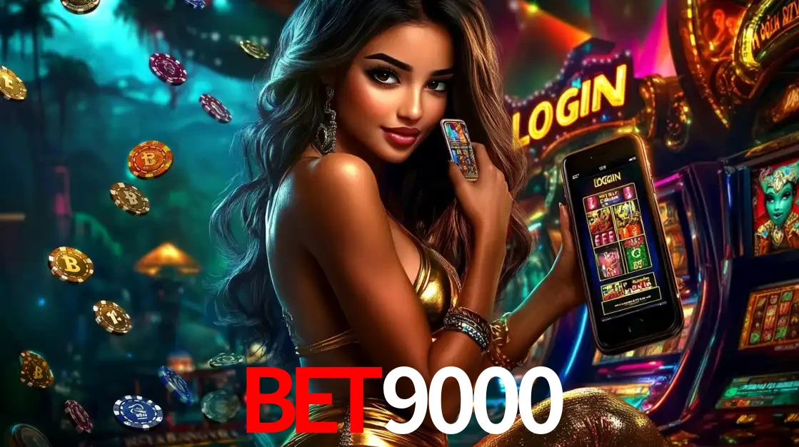 Mulher em um cenário de cassino temático de aventura, mostrando o app de caça-níqueis da bet9000 no celular. Fichas de apostas flutuam ao redor.