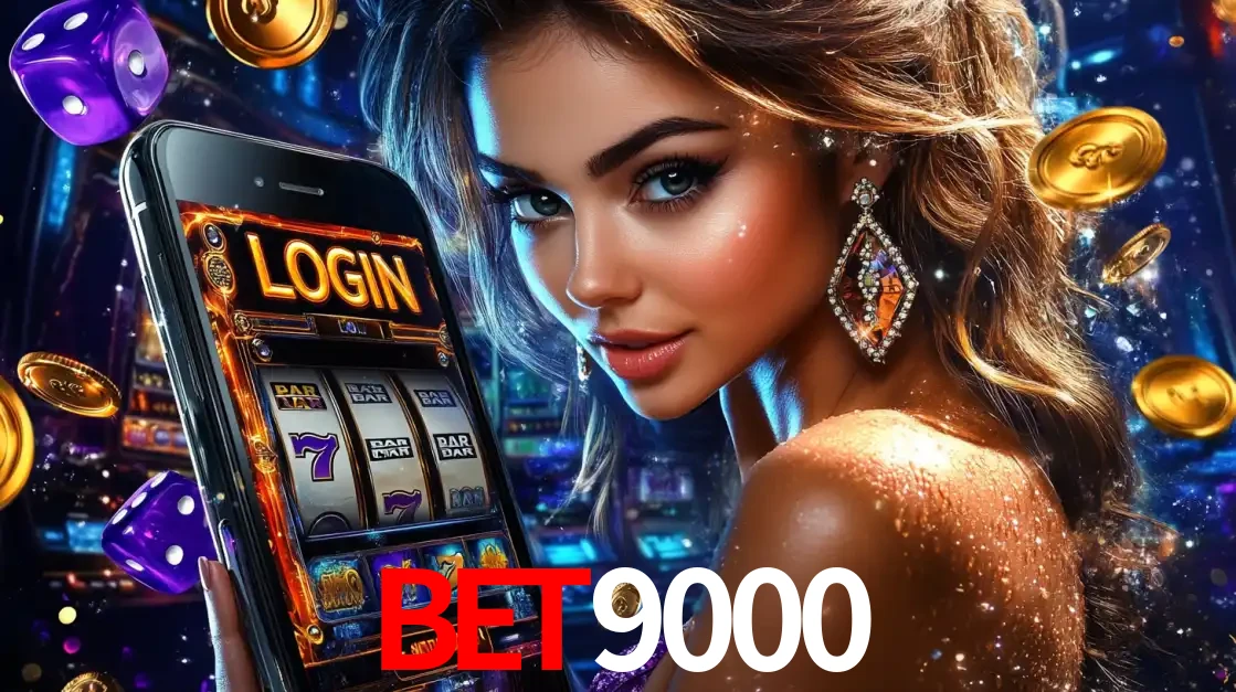 Mulher glamorosa segurando um smartphone com a tela de login para os jogos de caça-níqueis do cassino online bet9000, com moedas de ouro e dados ao redor.