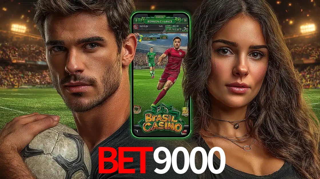 Homem segurando uma bola de futebol e uma mulher ao lado de um smartphone exibindo o jogo de apostas esportivas da bet9000. Faça seu palpite no cassino online.